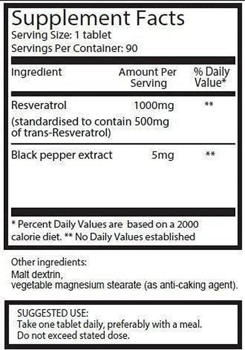 1000mg Resveratrol x 360 Tablets - (4 Bottles Each with 90 Tablets - 12 Months Supply). 10 x Strength and with Black Pepper Extract for Faster Absorption. SKU: RV3x4