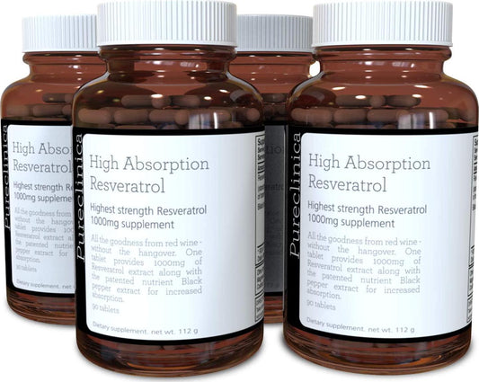 1000mg Resveratrol x 360 Tablets - (4 Bottles Each with 90 Tablets - 12 Months Supply). 10 x Strength and with Black Pepper Extract for Faster Absorption. SKU: RV3x4