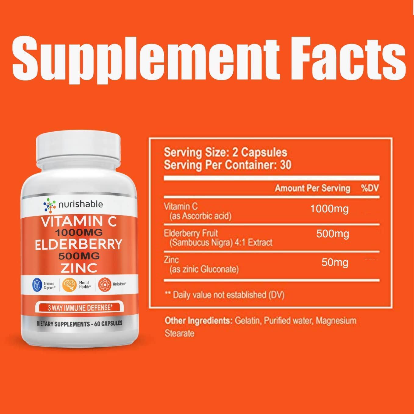 1000mg Vitamin C and Elderberry Supplement - High Potency Vitamin C with Elderberry and Zinc for Immune Support - Easy to Swallow, Non-GMO, GMP-Certified VIT C 1000mg Immune Booster Capsules - 60 Count