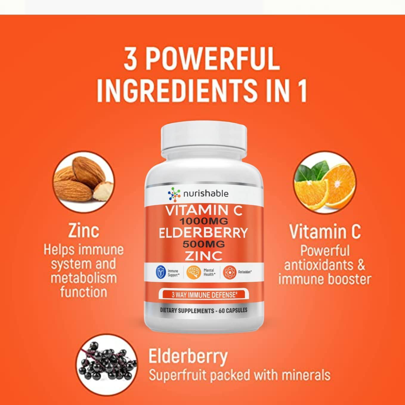 1000mg Vitamin C and Elderberry Supplement - High Potency Vitamin C with Elderberry and Zinc for Immune Support - Easy to Swallow, Non-GMO, GMP-Certified VIT C 1000mg Immune Booster Capsules - 60 Count