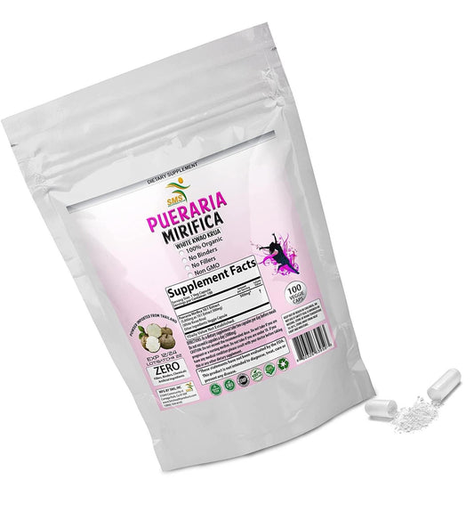 100 Caps White Pueraria Mirifica Powder Root Pure 100% Breast Enhancement Support 500mg Powder Imported from Thailand