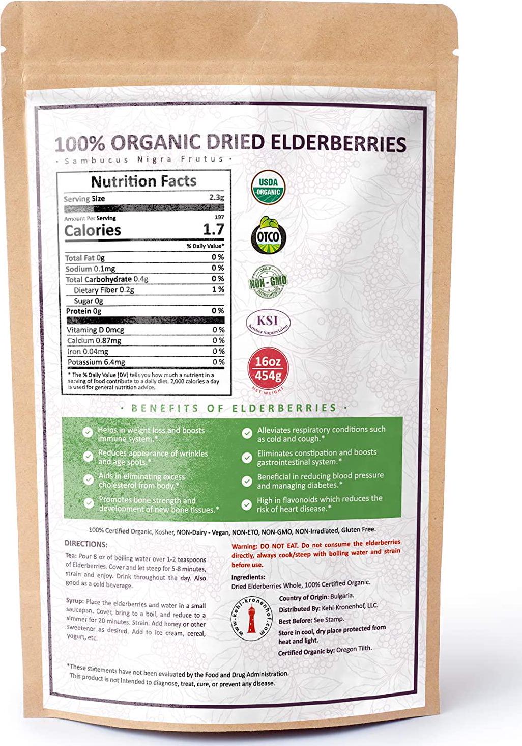 100% Certified Organic Dried Elderberries - 1 lb Bulk European Whole Dry Black Elderberry - USDA Certified Organic, Raw, Vegan, Sambucus Nigra L. - Make Natural Elderberry Syrup/Tea