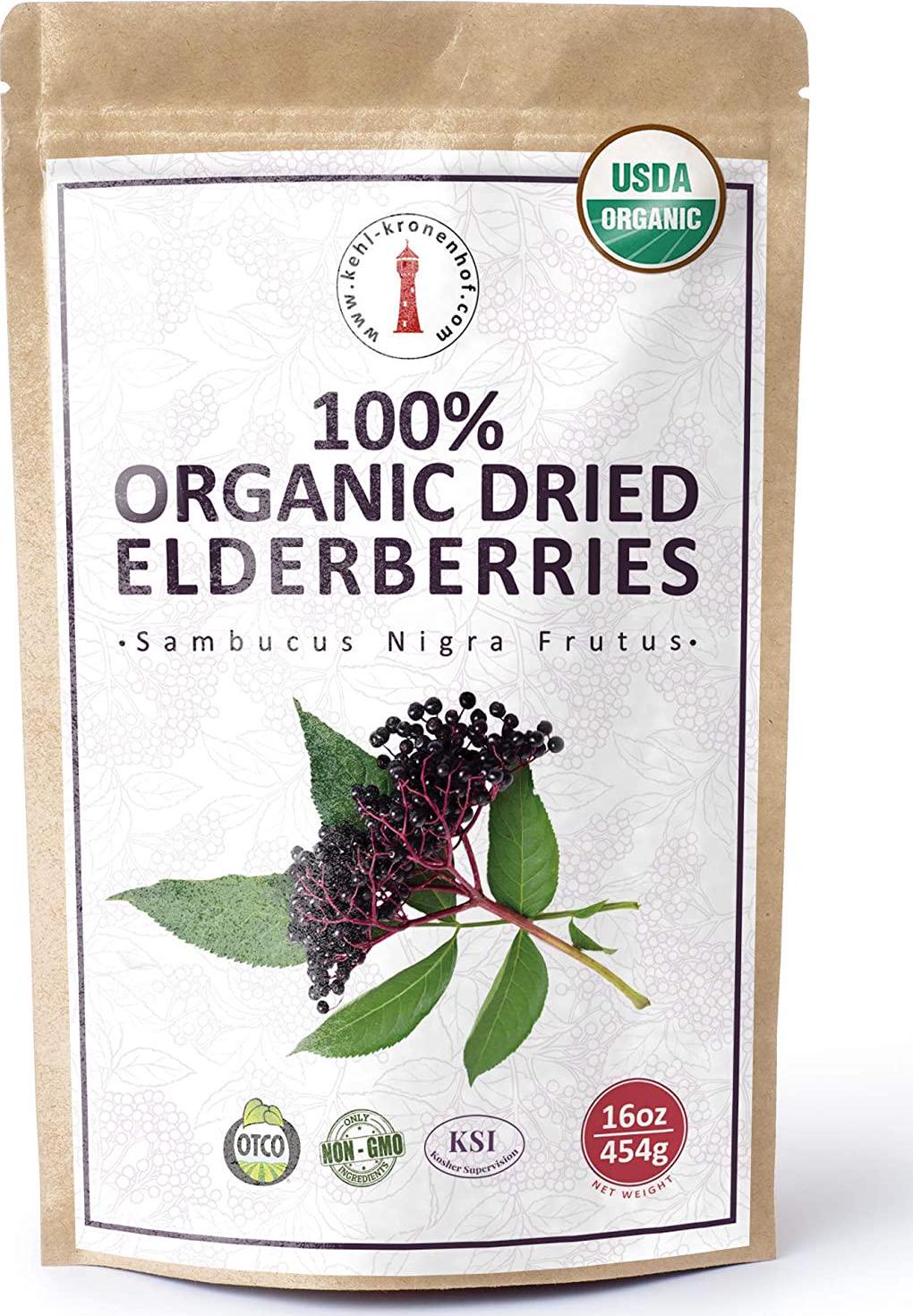 100% Certified Organic Dried Elderberries - 1 lb Bulk European Whole Dry Black Elderberry - USDA Certified Organic, Raw, Vegan, Sambucus Nigra L. - Make Natural Elderberry Syrup/Tea
