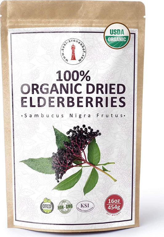 100% Certified Organic Dried Elderberries - 1 lb Bulk European Whole Dry Black Elderberry - USDA Certified Organic, Raw, Vegan, Sambucus Nigra L. - Make Natural Elderberry Syrup/Tea