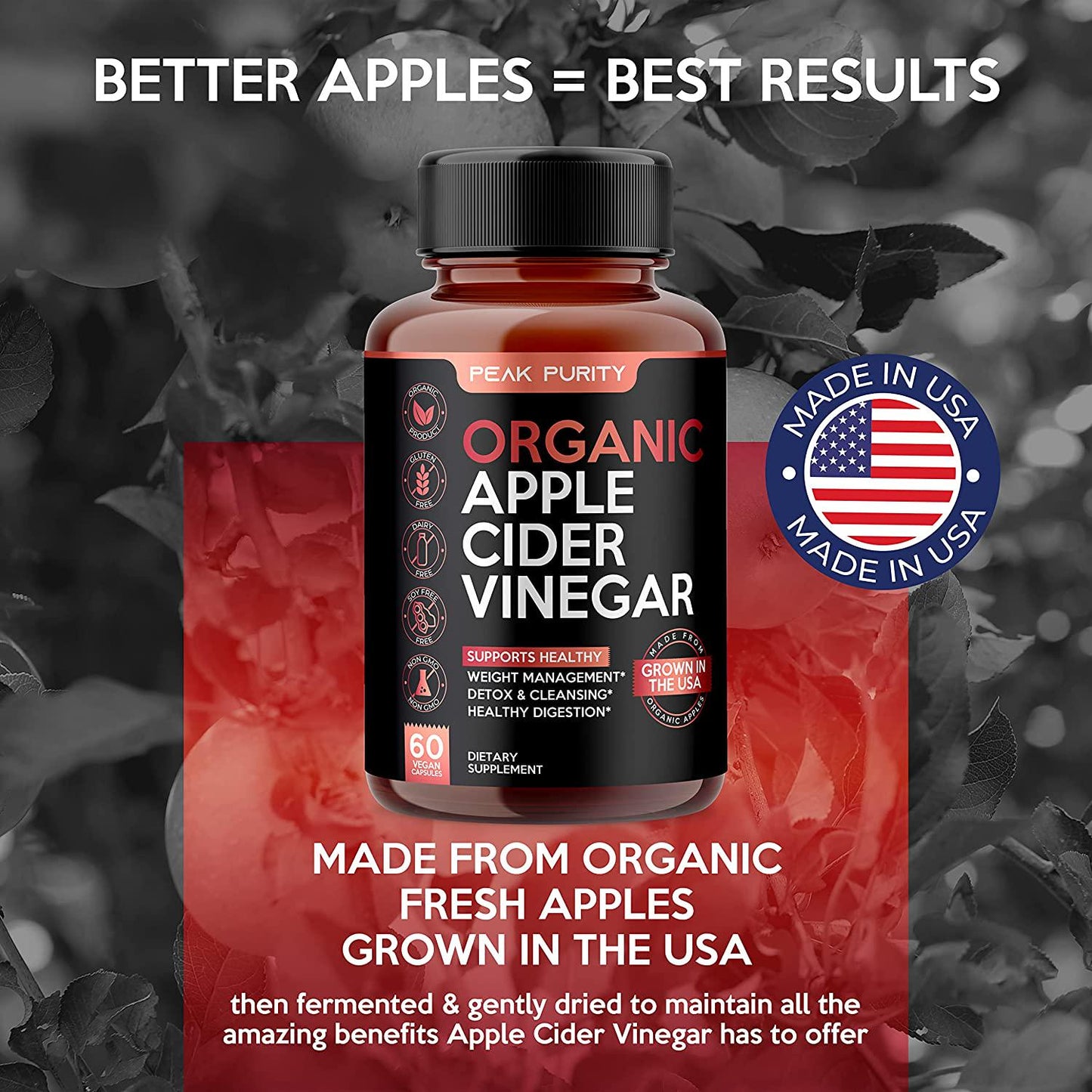 100% Organic Raw Apple Cider Vinegar Capsules - Natural Detox Gut Cleanse and Healthy Digestion - Tasteless and Easy to Swallow - Extra Strength ACV Pills - 1000 mg