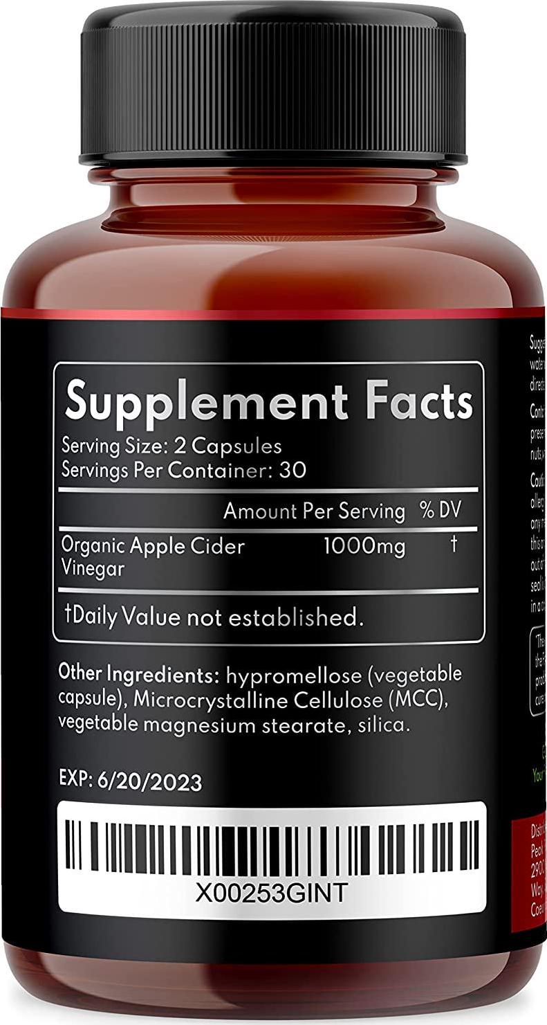 100% Organic Raw Apple Cider Vinegar Capsules - Natural Detox Gut Cleanse and Healthy Digestion - Tasteless and Easy to Swallow - Extra Strength ACV Pills - 1000 mg