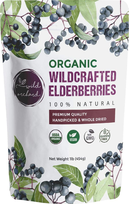 100% USDA Certified Organic Whole Dried Elderberries (Sambucus Nigra) | 1lb bag | Premium Quality | European Wildcrafted | Natural Immune Support | Vegan | Non-GMO | Gluten Free | Recyclable Packaging