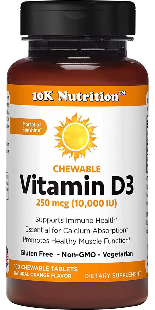 10K Nutrition Vitamin D3 10,000iu (250 mcg) Chewable Orange, Immune Support, Bone and Joint Support, Mood Support, Non-GMO, Gluten Free, Vegetarian, Natural Flavor, 100 Chewable Tablets