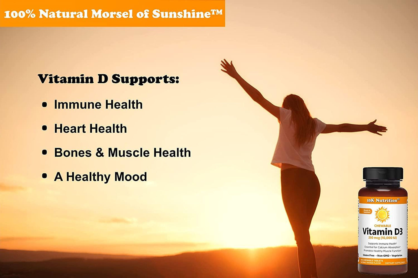 10K Nutrition Vitamin D3 10,000iu (250 mcg) Chewable Orange, Immune Support, Bone and Joint Support, Mood Support, Non-GMO, Gluten Free, Vegetarian, Natural Flavor, 100 Chewable Tablets