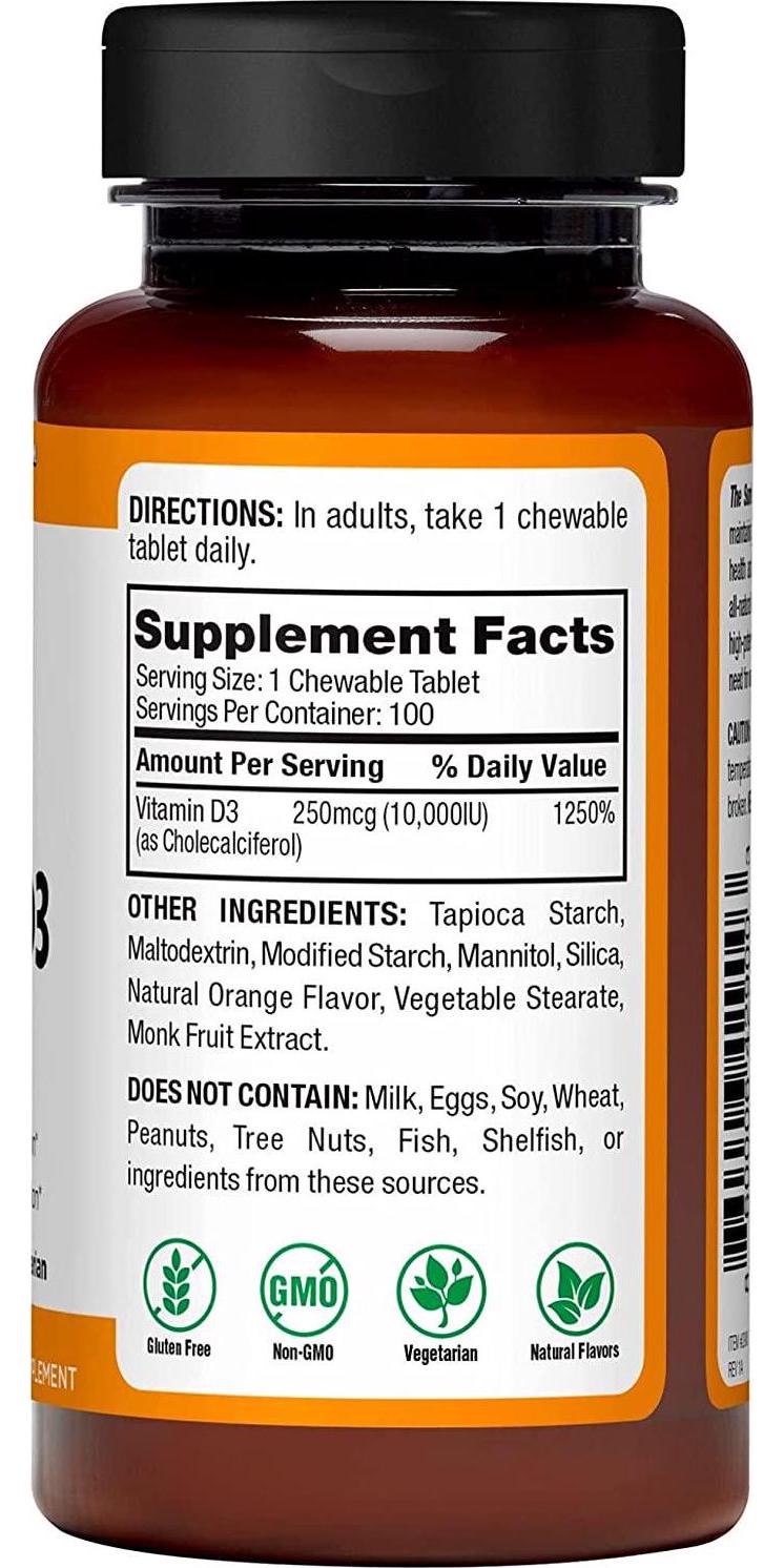 10K Nutrition Vitamin D3 10,000iu (250 mcg) Chewable Orange, Immune Support, Bone and Joint Support, Mood Support, Non-GMO, Gluten Free, Vegetarian, Natural Flavor, 100 Chewable Tablets
