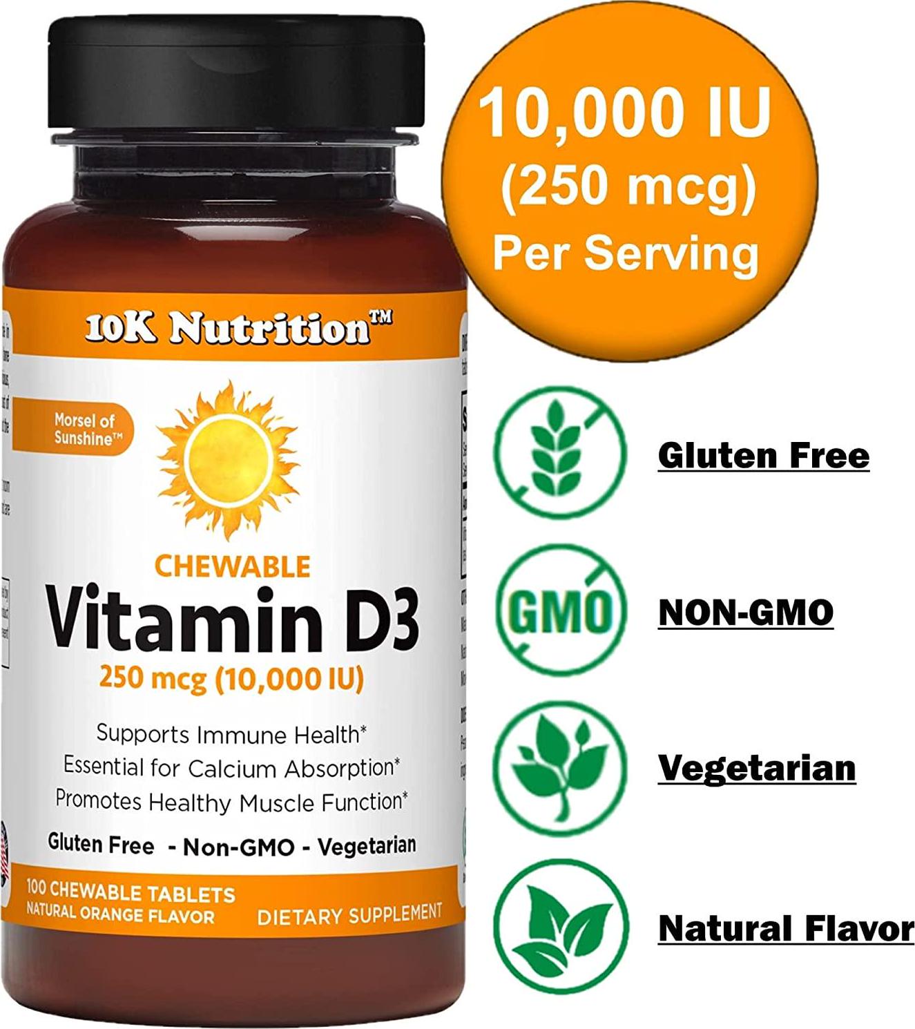 10K Nutrition Vitamin D3 10,000iu (250 mcg) Chewable Orange, Immune Support, Bone and Joint Support, Mood Support, Non-GMO, Gluten Free, Vegetarian, Natural Flavor, 100 Chewable Tablets