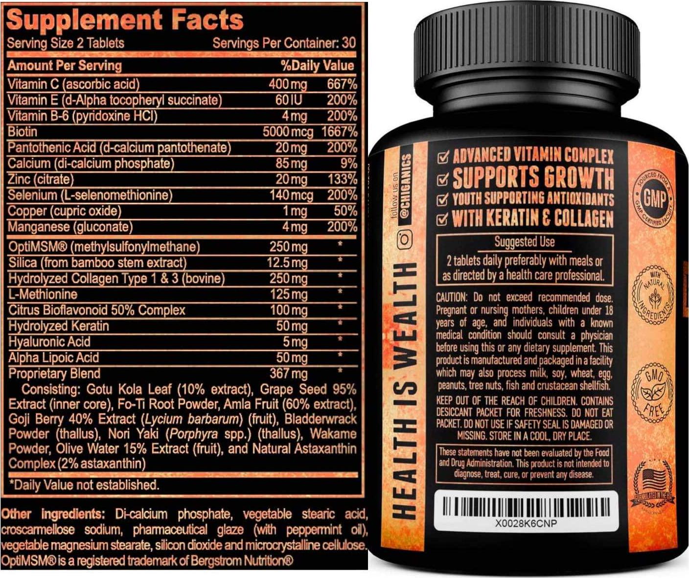 10X Potent Hair Growth Vitamins Infused with Keratin + Collagen + Silica for Vibrant Hair- Extra Strength Biotin 5000mcg - Healthy Hair Skin and Nails Vitamins - Hair Vitamins for Faster Hair Growth
