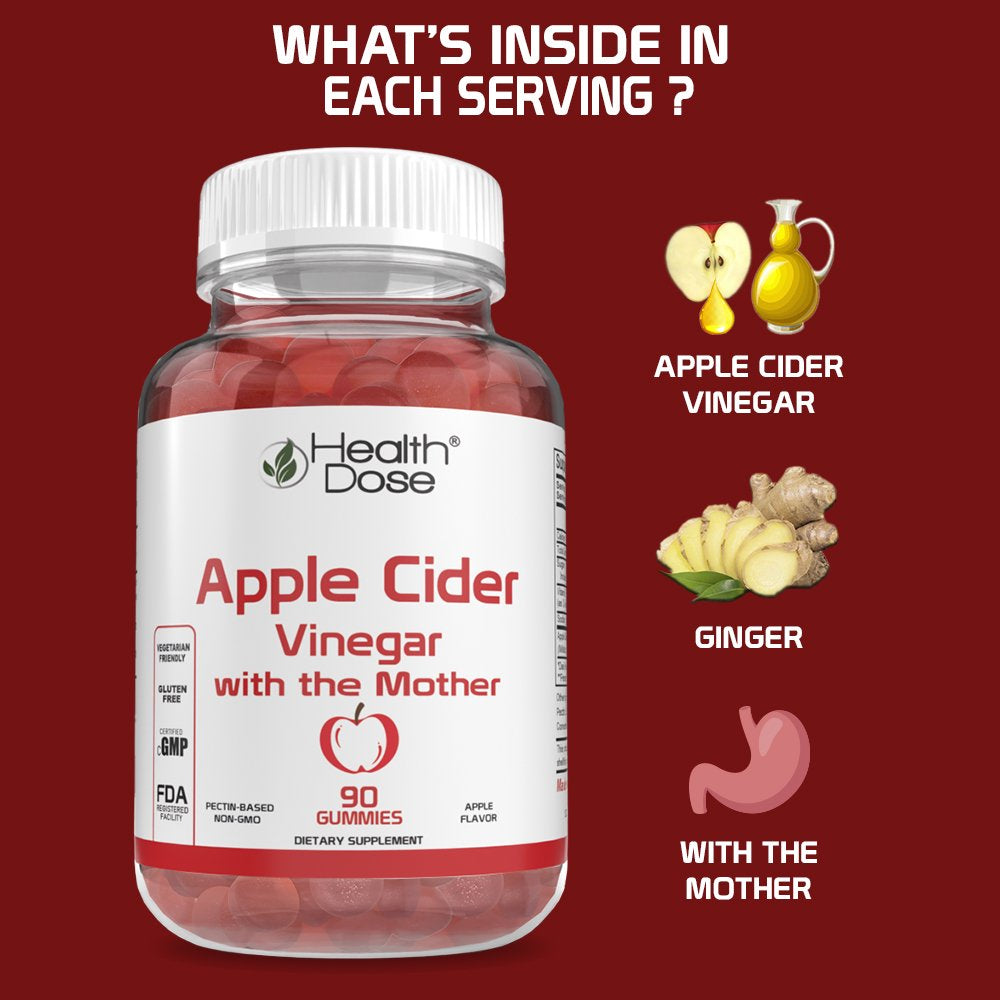 Apple Cider Vinegar Gummy with the Mother by Health Dose 90 Gummies. for Weight Loss Control, Detox, Cleanse, for Women & Men, with Ginger Dry Extract to Support Digestion - Gut, Vegan, Gluten-Free.