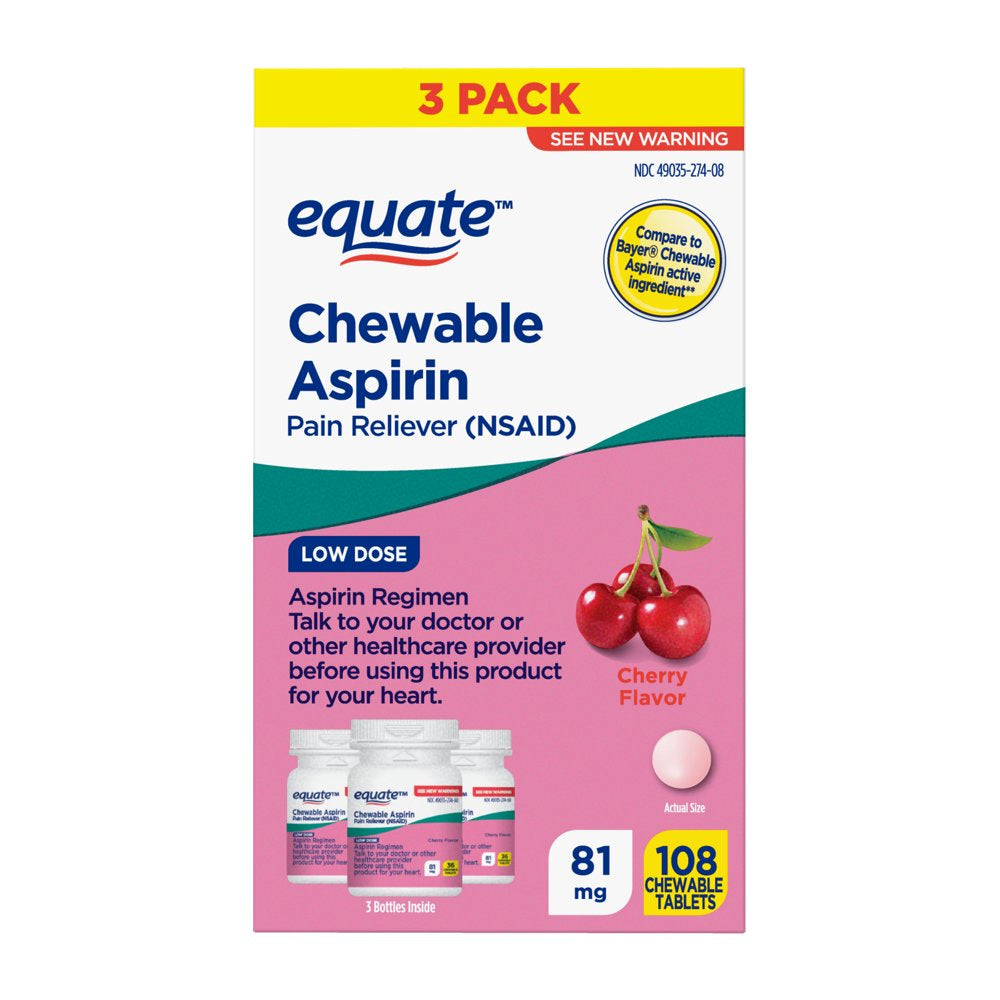 Equate Low Dose Chewable Aspirin 81 Mg Tablets, Cherry Flavor, 36 Count, 3 Pack