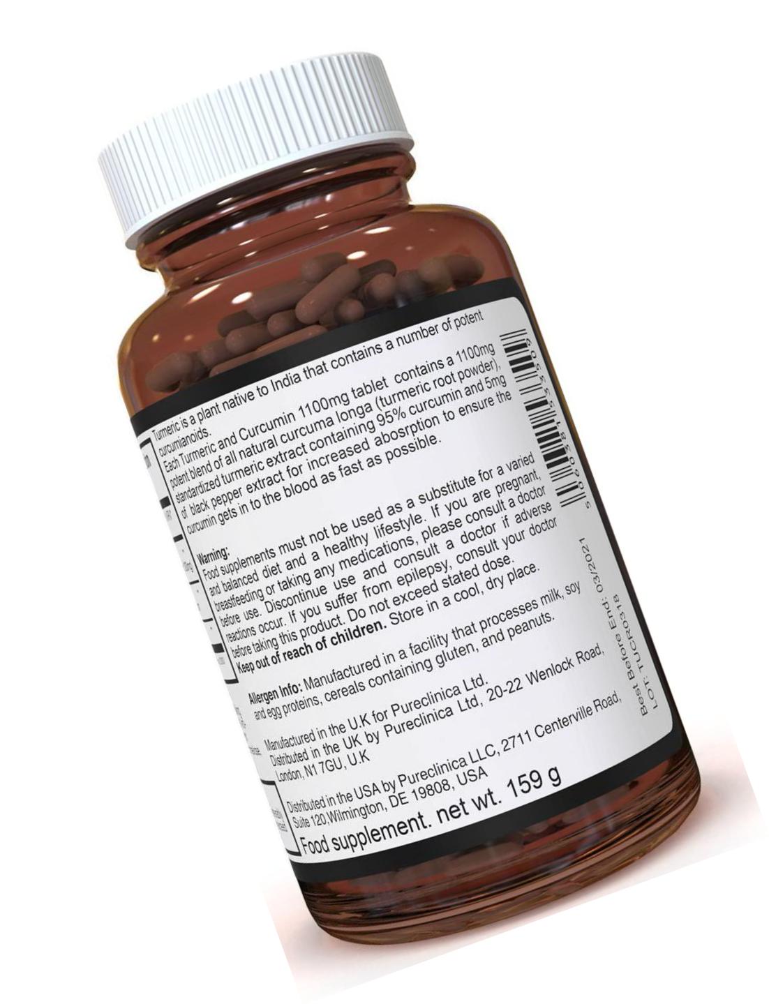 1100mg Turmeric and Curcumin - 720 tablets (4 bottles) x 1100mg - 95% Curcumin - 1000mg Turmeric root extract - With 5mg black pepper extract for 300% increased absorption. SKU: TUCRx4
