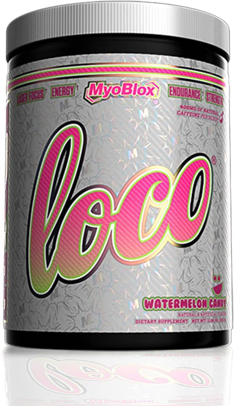 Myoblox LOCO Pre-Workout Nitric Oxide Booster Supports Muscle Pumps & Enhanced Vascularity for Energy, Focus & Intensity 400Mg of Natural Caffeine per Scoop Watermelon Candy