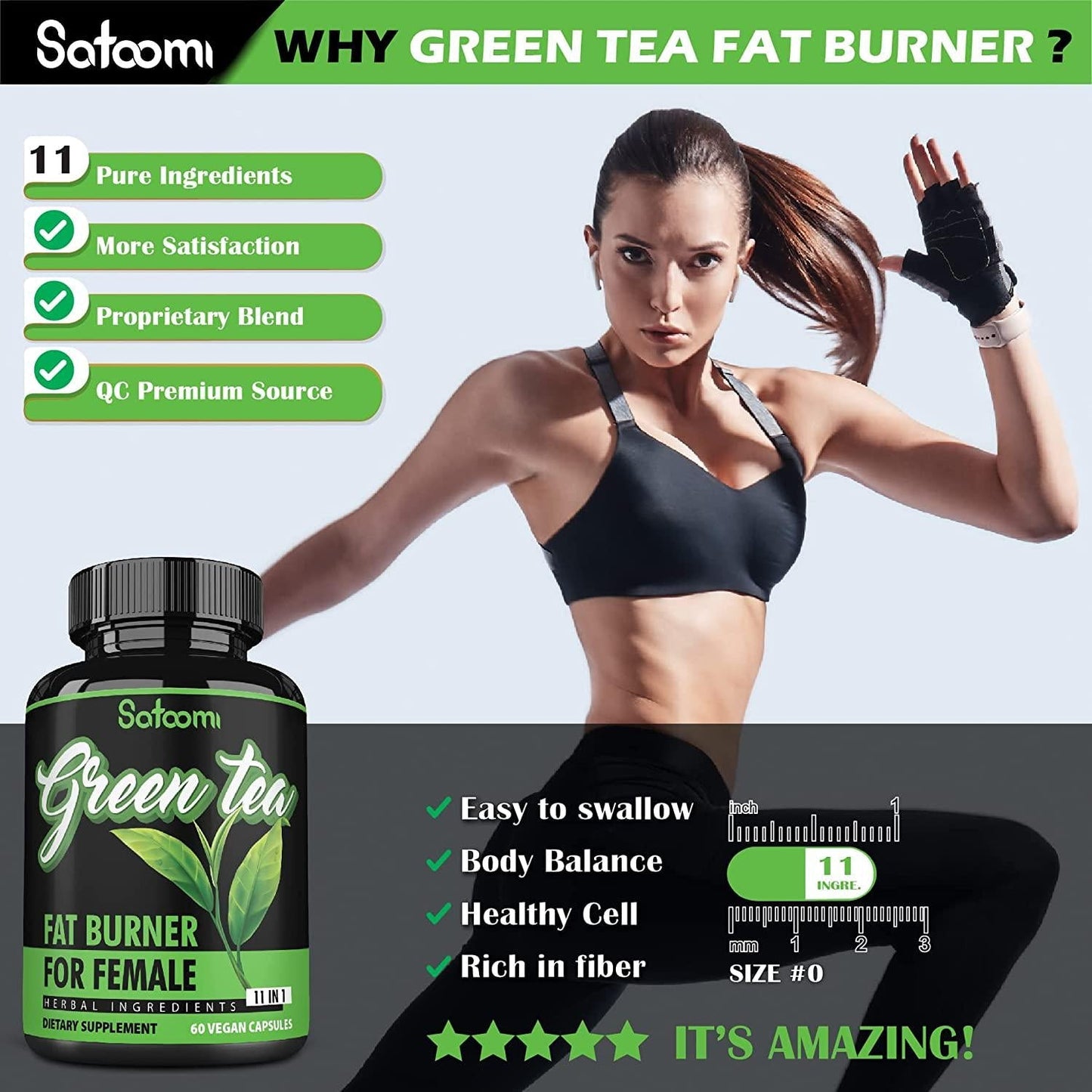 11in1 Green Tea Extract Fat Burner for Women With Garcinia Cambogia, Ceylon Cinnamon, White Kidney Bean, Ginger, Forskohlii, Raspberry Ketones, Olive, Gymnema Sylvestre and Others - 60 Veggie Capsules