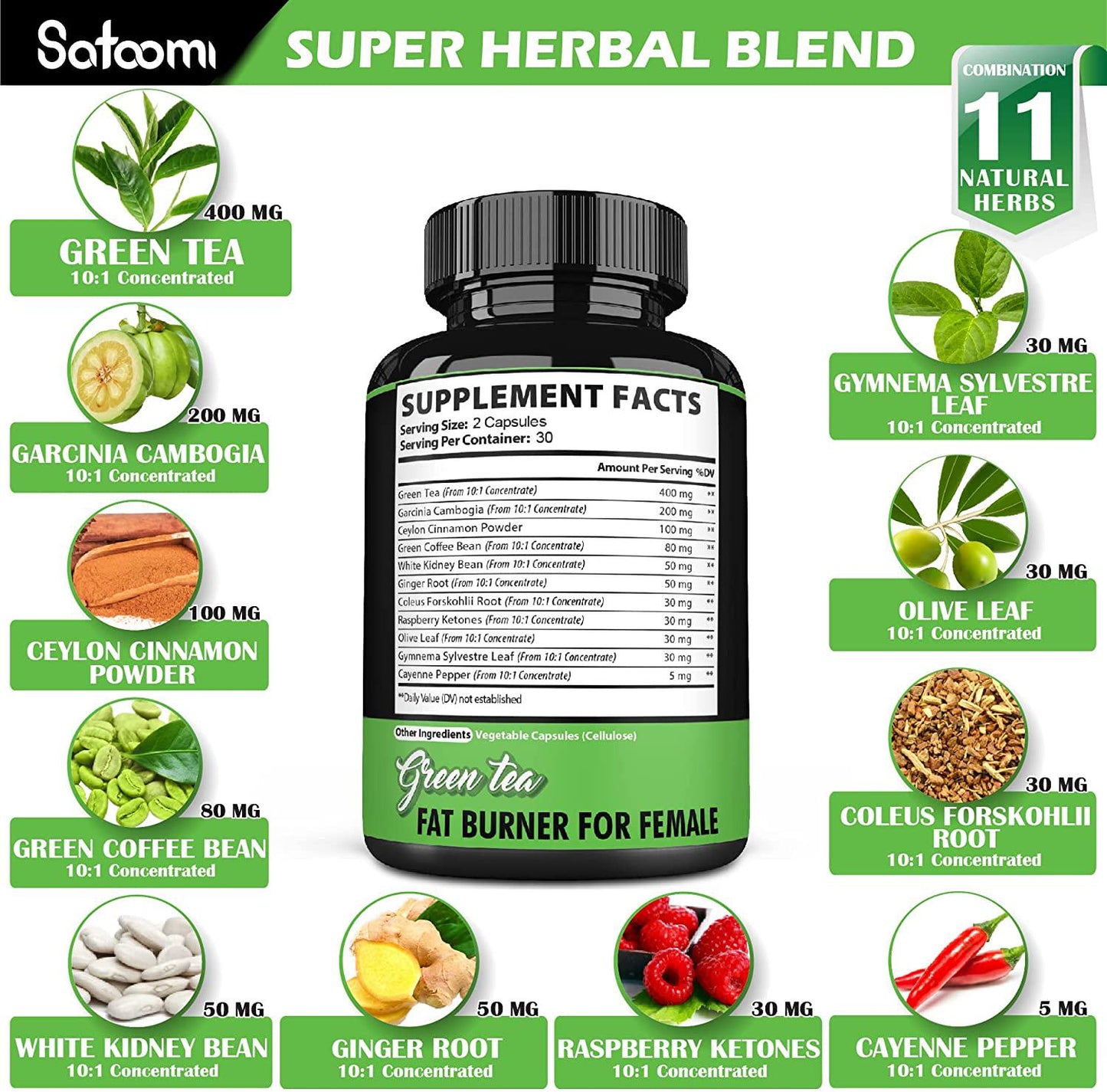 11in1 Green Tea Extract Fat Burner for Women With Garcinia Cambogia, Ceylon Cinnamon, White Kidney Bean, Ginger, Forskohlii, Raspberry Ketones, Olive, Gymnema Sylvestre and Others - 60 Veggie Capsules