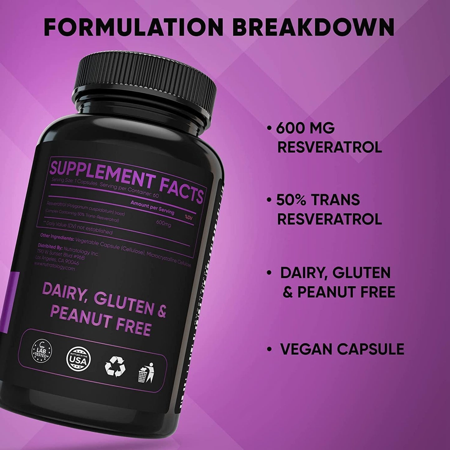 1200 MG Resveratrol Supplement- Potent Antioxidant Supplement - Anti Aging Trans Resveratrol - Increases Cardiovascular Health, Cell Regeneration and Hair Growth - 60 Tablets