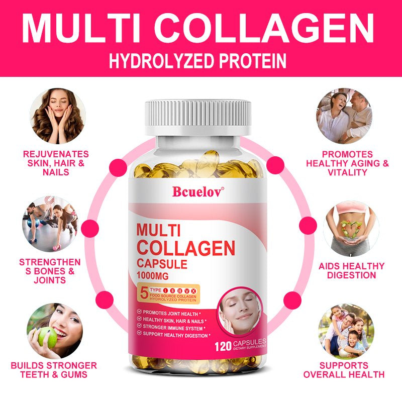 Bcuelov Collagen Complex Types I, II, III, V & X - Contains Pure Hydrolyzed Marine Collagen Peptides - for Skin, Nails, Hair, Gut, Joint Health