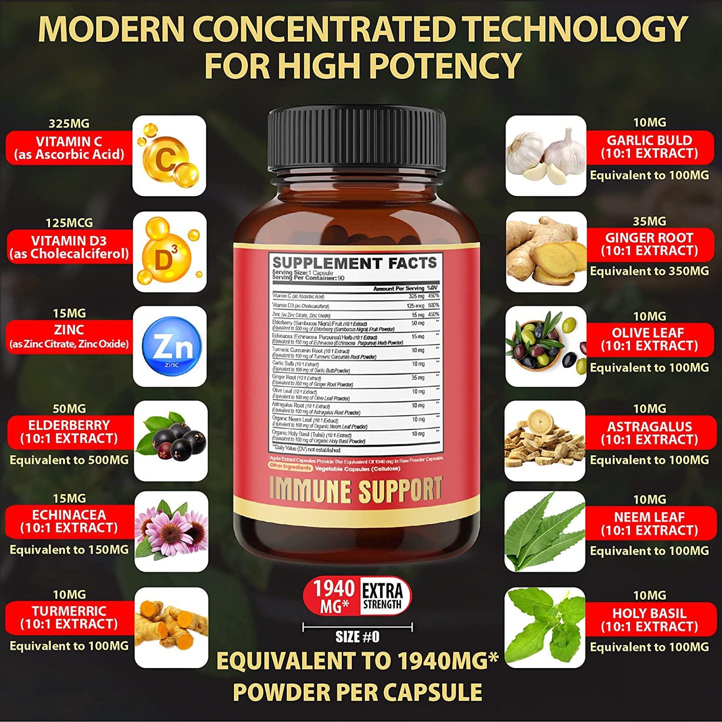 12in1 Essential Vita-mins and Herbs Complex For Strength and Body Support - Elderberry, Echinacea, Turmeric Curcumin, Garlic, Ginger, Olive, Astragalus, Neem Leaf, Holy Basil, 90 Vegan Capsules