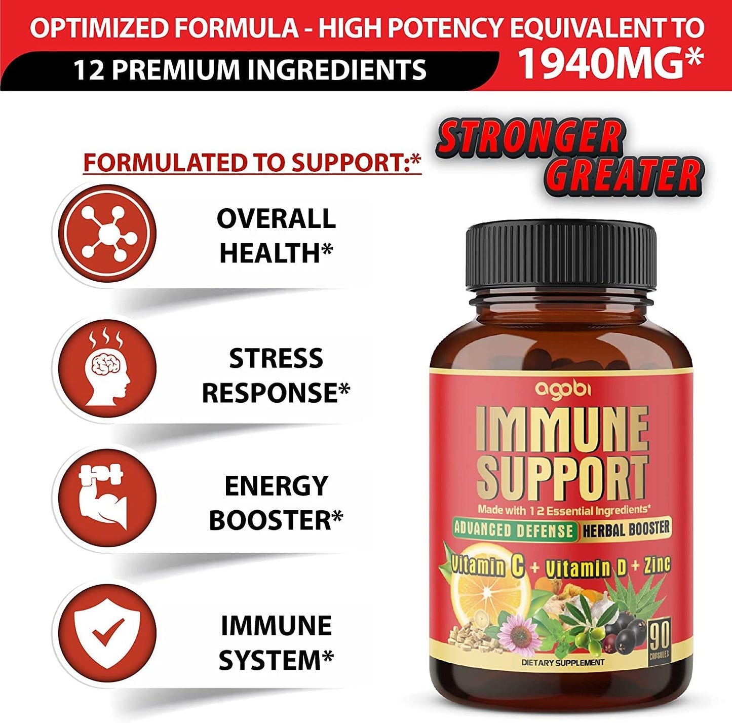 12in1 Essential Vita-mins and Herbs Complex For Strength and Body Support - Elderberry, Echinacea, Turmeric Curcumin, Garlic, Ginger, Olive, Astragalus, Neem Leaf, Holy Basil, 90 Vegan Capsules