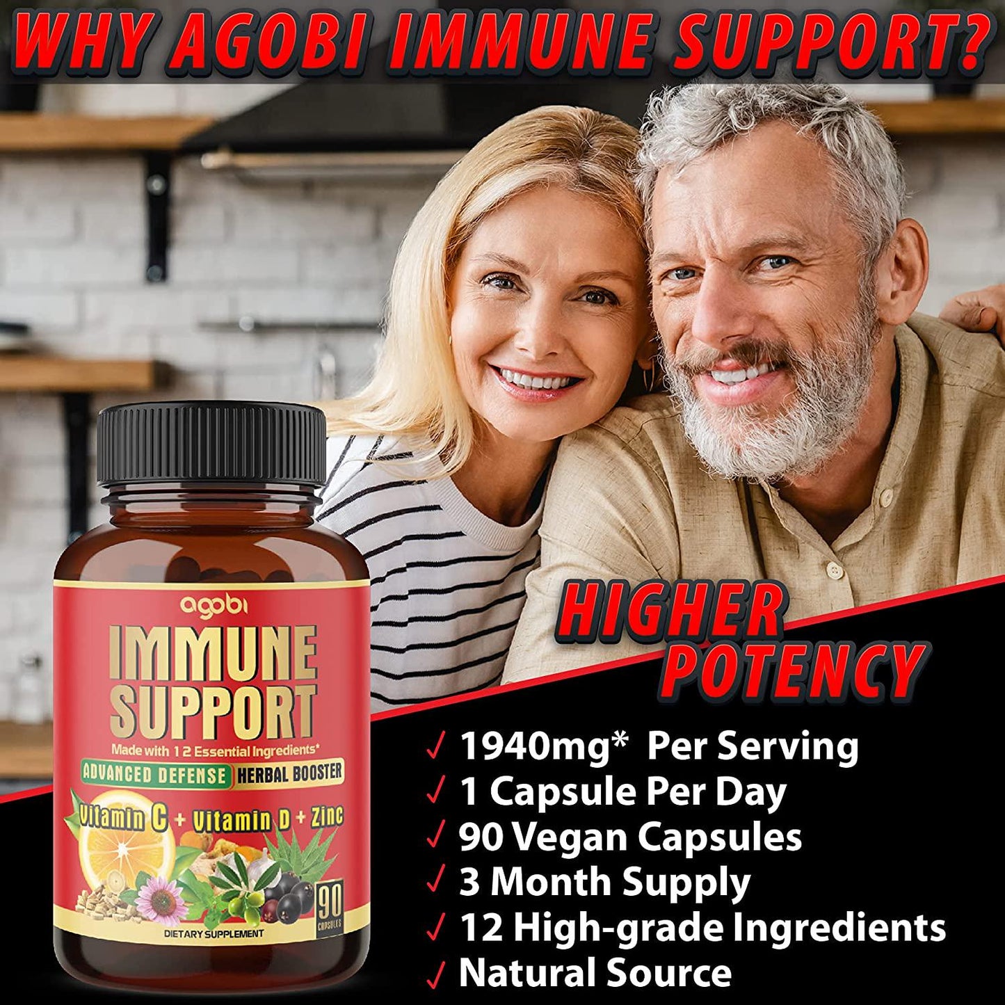 12in1 Essential Vita-mins and Herbs Complex For Strength and Body Support - Elderberry, Echinacea, Turmeric Curcumin, Garlic, Ginger, Olive, Astragalus, Neem Leaf, Holy Basil, 90 Vegan Capsules