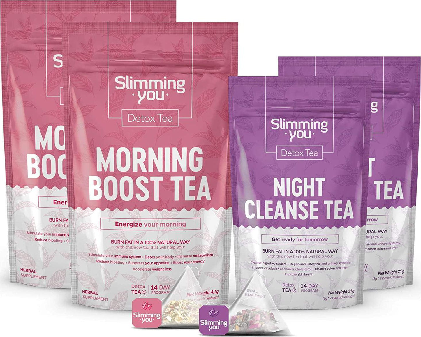 14 Day Detox Tea Bundle - Tea Detox Cleanse Weight Loss Tea 2 Morning Boost Tea (28 Bags) 2 Night Cleanse Tea (14 Bags), All Natural Herbal Slim Tea for Detox and Colon Cleanse, Reduce Bloating