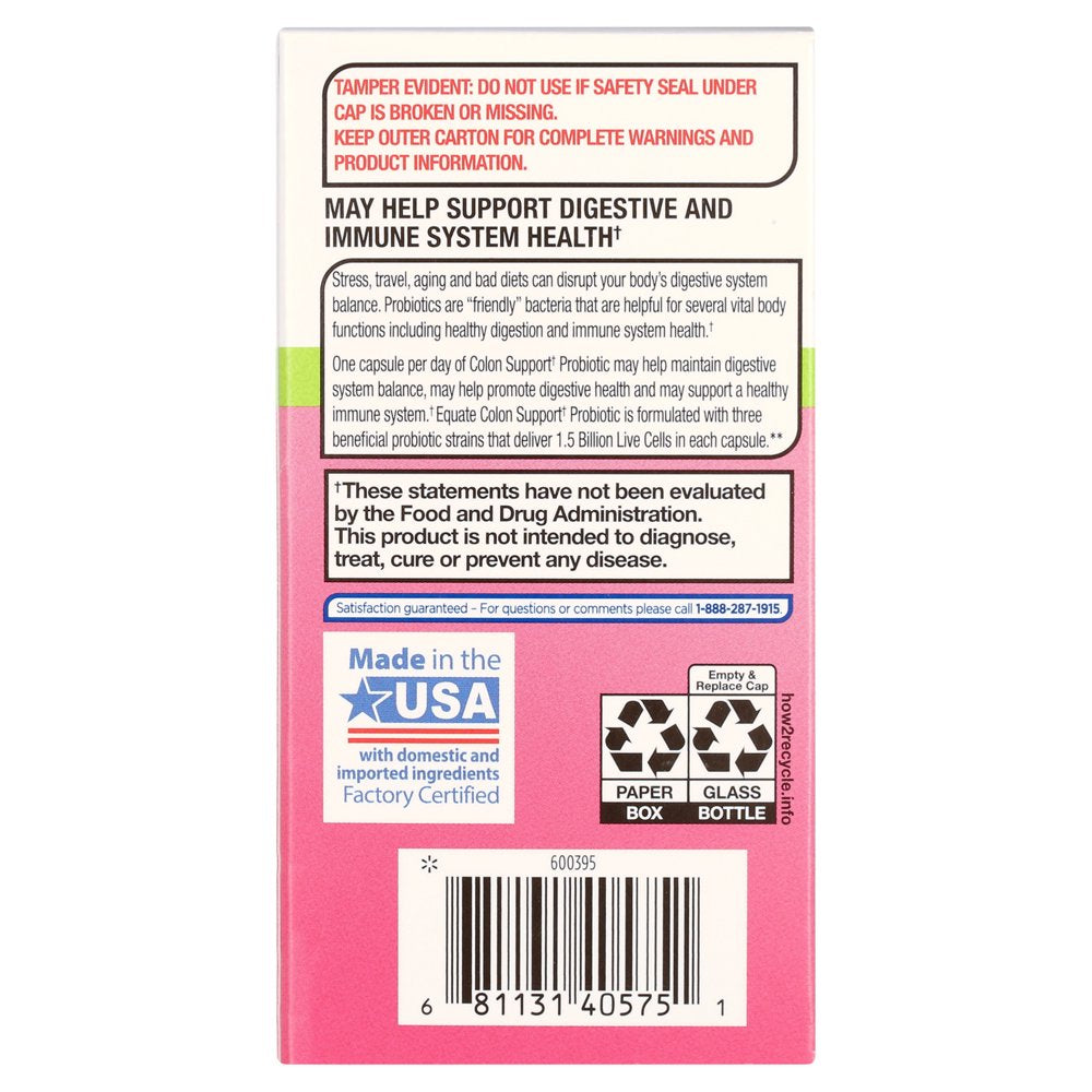 Equate Colon Support Probiotic Supplement for Digestive Health, 30 Delayed-Release Capsules