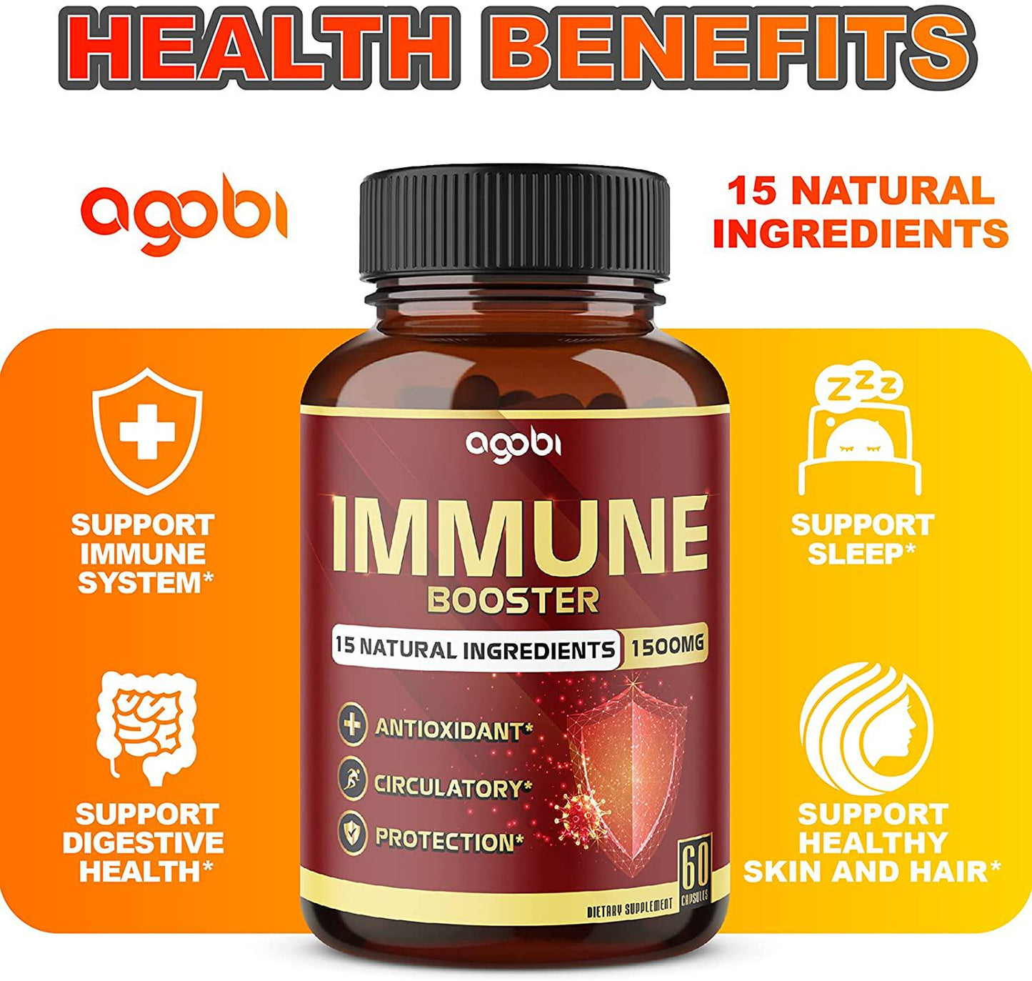 15 in 1 Immune Booster Supplement 1500mg - A Natural Immune Defense Promotes Healthy Stress and Inflammatory Response with 15 Herbal Complex - 60 Veggie Capsules