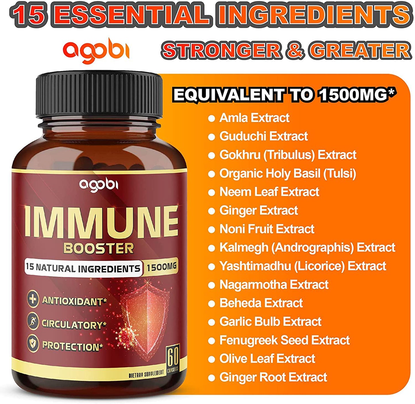 15 in 1 Immune Booster Supplement 1500mg - A Natural Immune Defense Promotes Healthy Stress and Inflammatory Response with 15 Herbal Complex - 60 Veggie Capsules