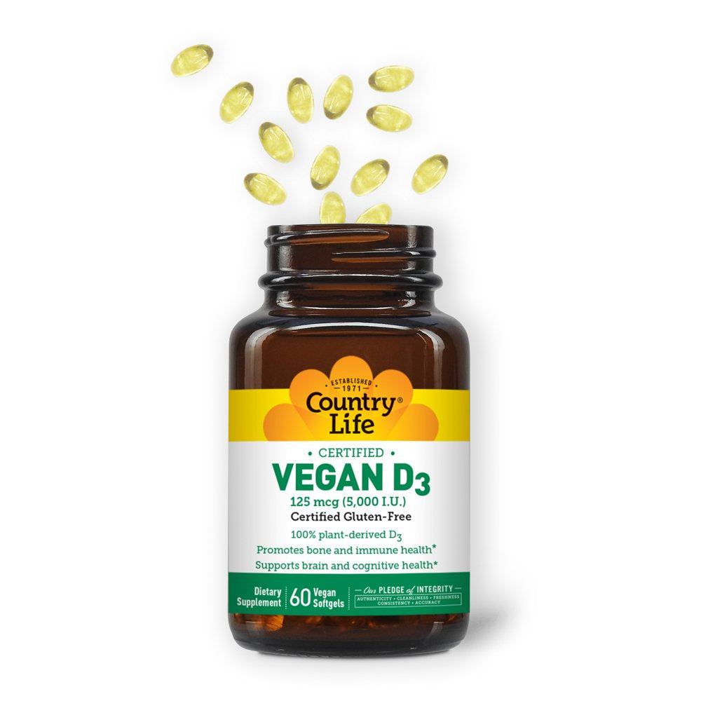 Country Life Vegan D3 5000 IU, 60 Softgels, Certified Gluten Free, Certified Vegan