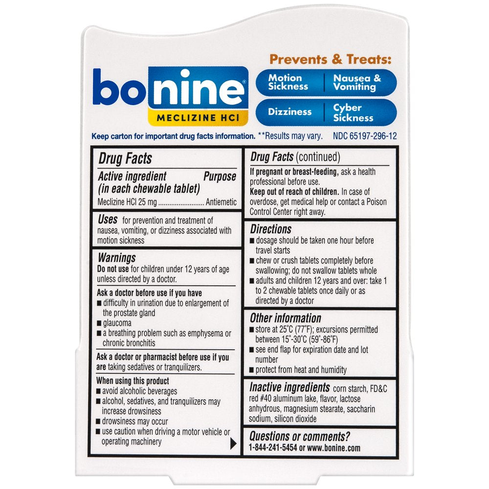 Bonine Motion Sickness and Nausea Relief Travel Pack, Chewable Tablets, Raspberry, 12 Ct