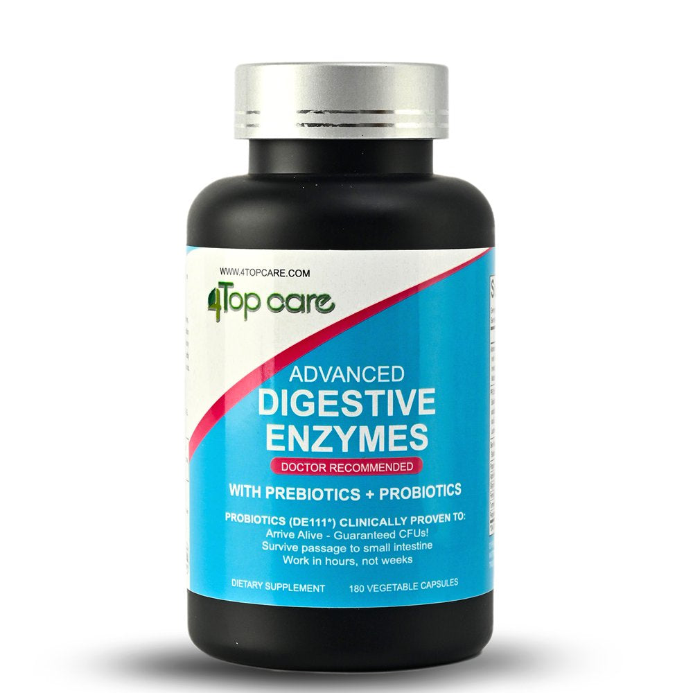 4 TOP CARE Digestive Enzymes – a Digestive Health Solution with Probiotics, Prebiotics, and Enzymes for Women and Men, Offering Relief from Bloating and Supporting Gut Health – 180 Count