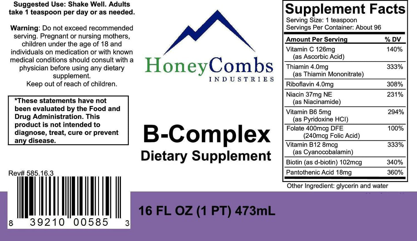 16oz Super B Complex Vitamins with Vitamin C Liquid, Alcohol-Free All Vitamins B Including B1, B2, B3, B5, B6, B7, B9, B12, Folic Acid, Niacin, Biotin. Vitamin B-Complex