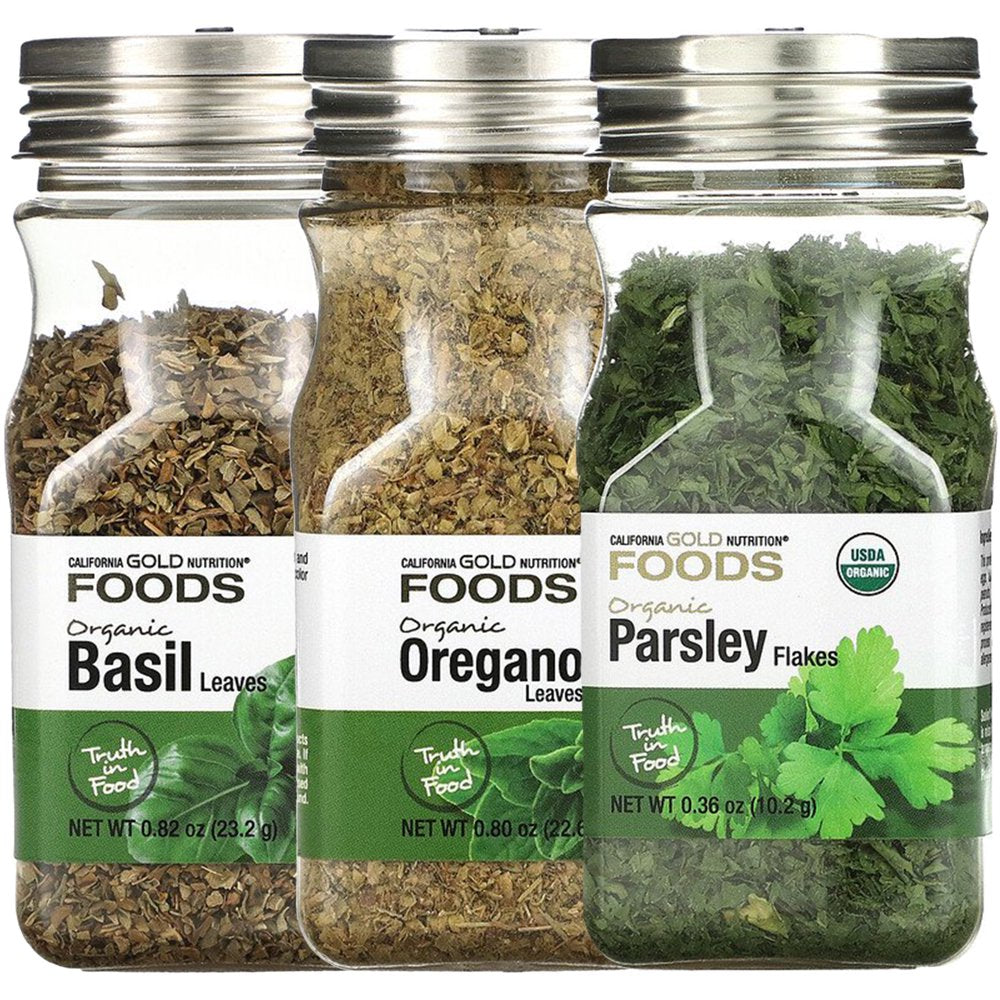 California Gold Nutrition Spice Bundle, Organic Basil Leaves, Oregano, Parsley, Bundle Pack of 3