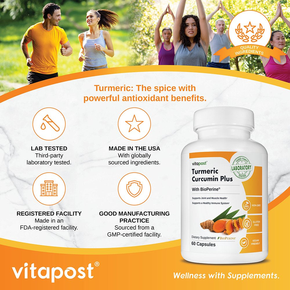 Vitapost Turmeric Curcumin plus Supplement for Joint, Muscle, Immune System Support - 60 Capsules