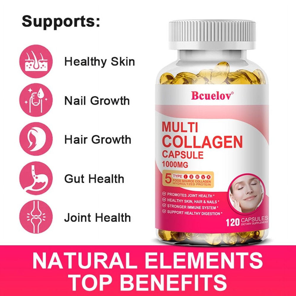 Bcuelov Collagen Complex Types I, II, III, V & X - Contains Pure Hydrolyzed Marine Collagen Peptides - for Skin, Nails, Hair, Gut, Joint Health