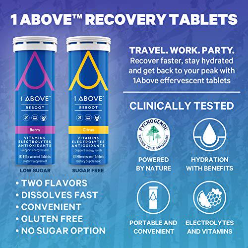 1Above Anti Jet Lag Flight Effervescent Drink Tablets. Super Antioxidant - Pycnogenol + Vitamins + Electrolytes for Travel, Work and Party. 20 Count (2 Tubes) Berry