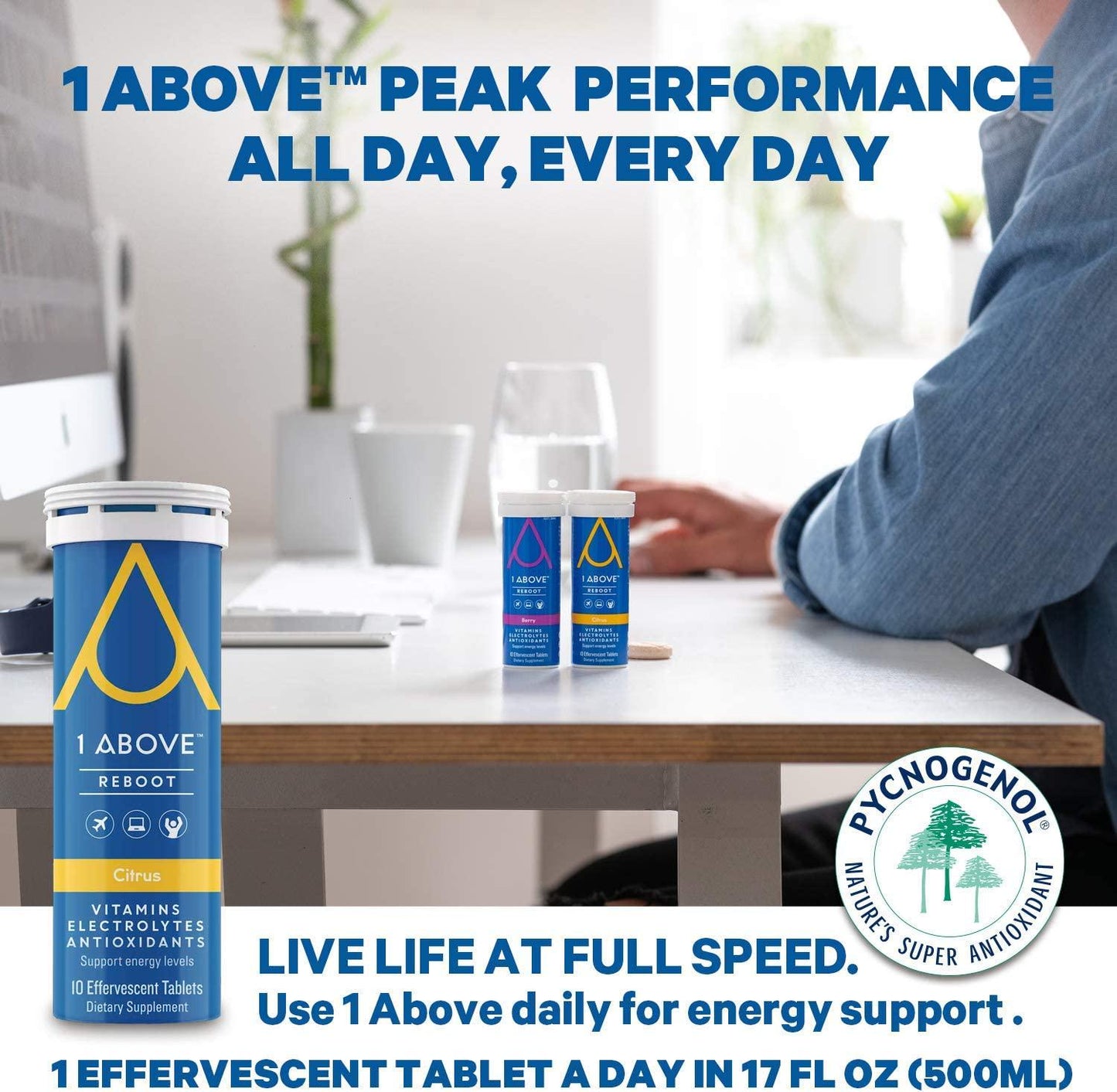 1Above Effervescent Drink Tablets, Vitamins, Super Antioxidant - Pycnogenol, and Electrolytes for Faster Recovery. 10 Count Tube x 1. Berry