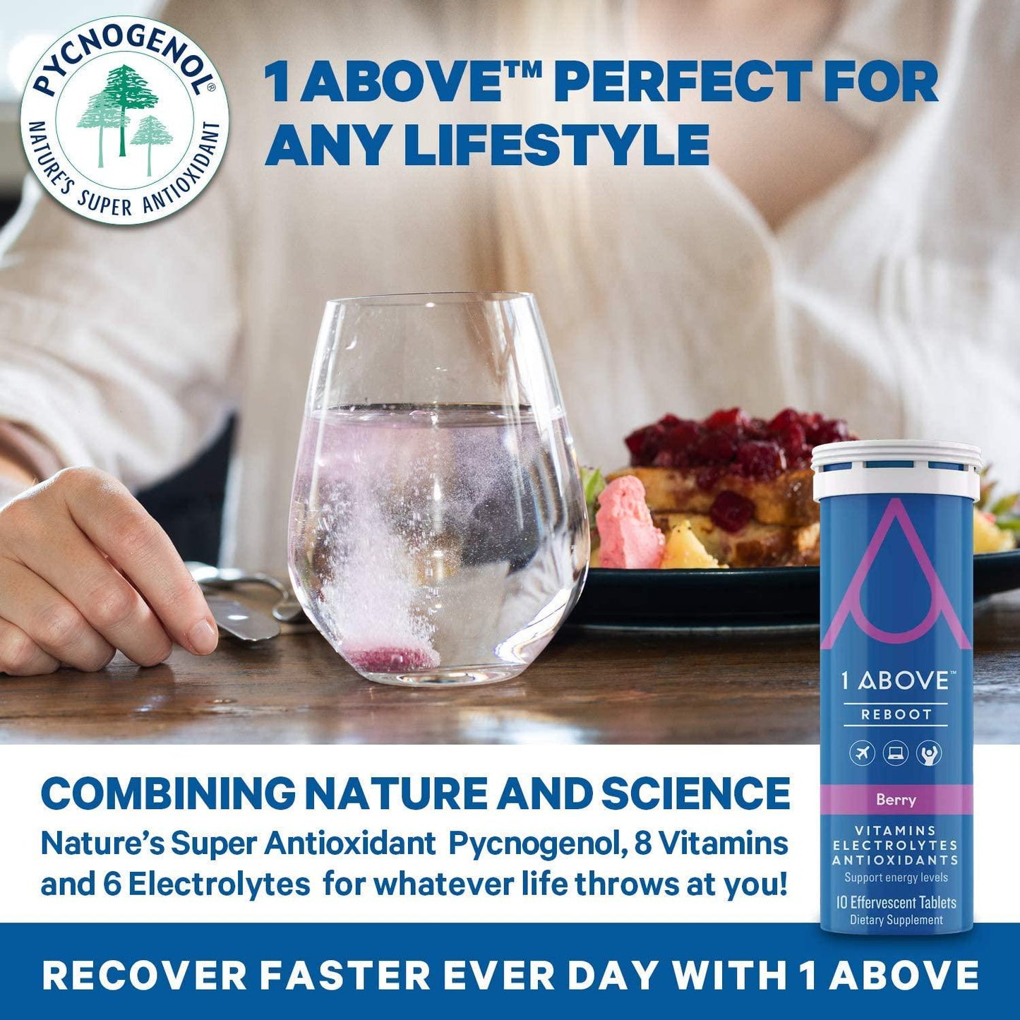 1Above Effervescent Drink Tablets, Vitamins, Super Antioxidant - Pycnogenol, and Electrolytes for Faster Recovery. 10 Count Tube x 1. Berry
