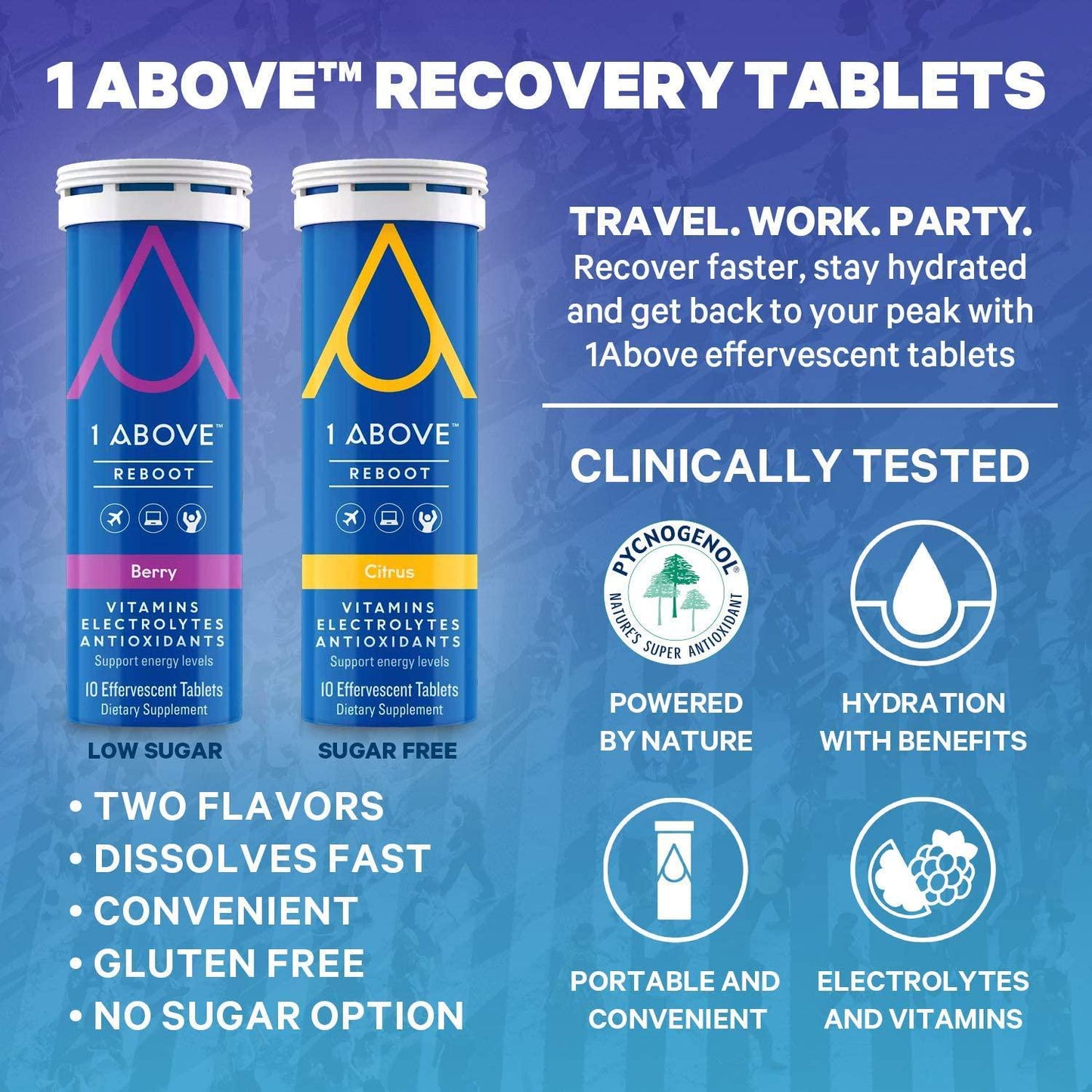 1Above Effervescent Drink Tablets, Vitamins, Super Antioxidant - Pycnogenol, and Electrolytes for Faster Recovery. 10 Count Tube x 1. Berry