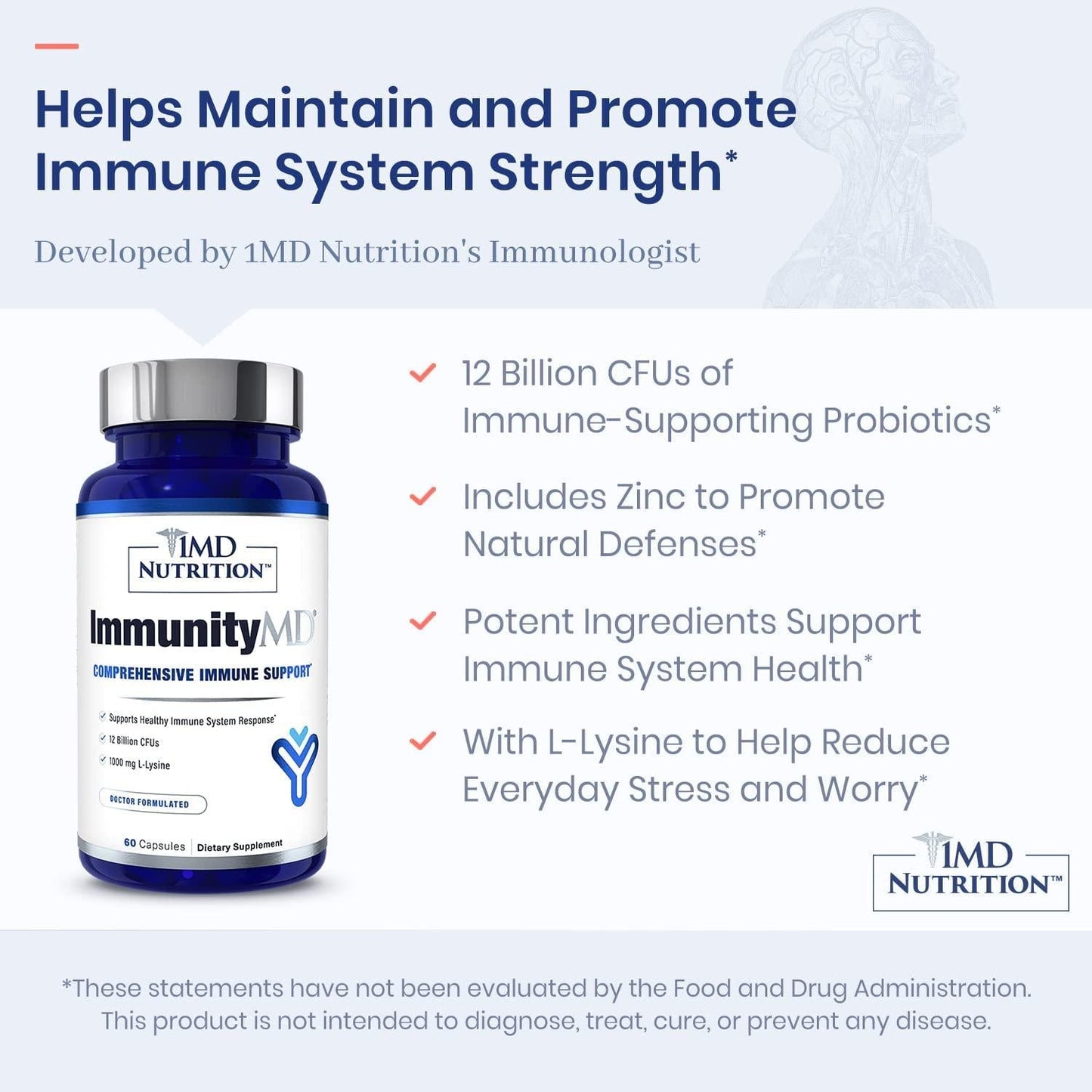 1MD ImmunityMD - Immune Health Probiotic | Potent, Clinically Studied Probiotic Strains with Prebiotic Fiber - Promote Lip, Skin, Oral Wellness, Reduce Stress and Anxiety | 60 Capsules