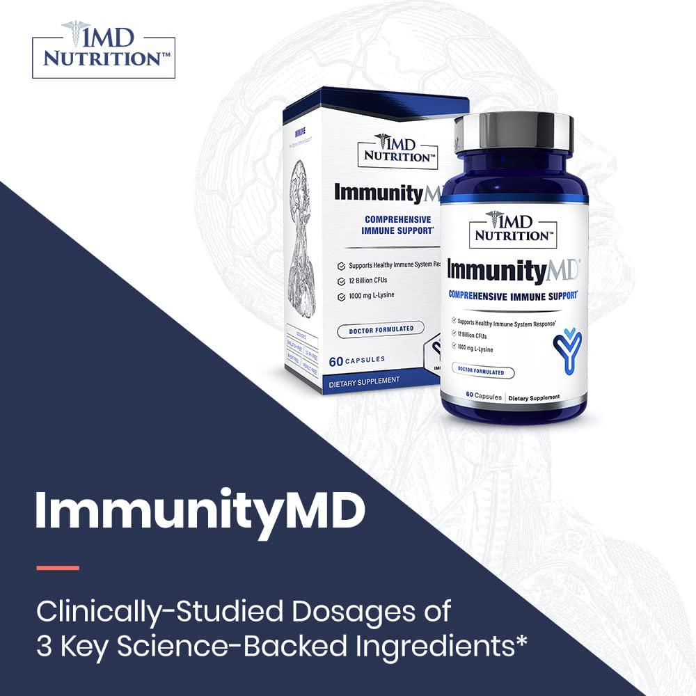 1MD ImmunityMD - Immune Health Probiotic | Potent, Clinically Studied Probiotic Strains with Prebiotic Fiber - Promote Lip, Skin, Oral Wellness, Reduce Stress and Anxiety | 60 Capsules