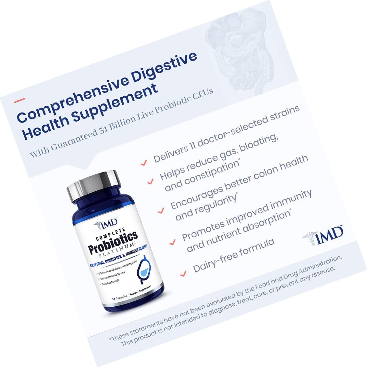 1MD Nutrition Complete Probiotics Platinum | Supports Digestive Health | with Nourishing Prebiotics, 51 Billion Live CFU, 11 Strains, Dairy-Free | 60 Vegetarian Capsules (2-Pack)