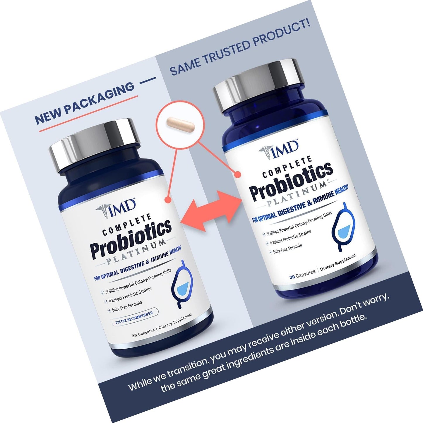 1MD Nutrition Complete Probiotics Platinum | Supports Digestive Health | with Nourishing Prebiotics, 51 Billion Live CFU, 11 Strains, Dairy-Free | 60 Vegetarian Capsules (2-Pack)