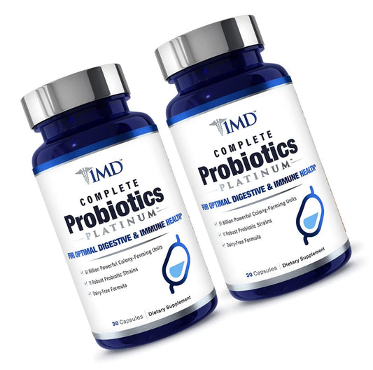 1MD Nutrition Complete Probiotics Platinum | Supports Digestive Health | with Nourishing Prebiotics, 51 Billion Live CFU, 11 Strains, Dairy-Free | 60 Vegetarian Capsules (2-Pack)