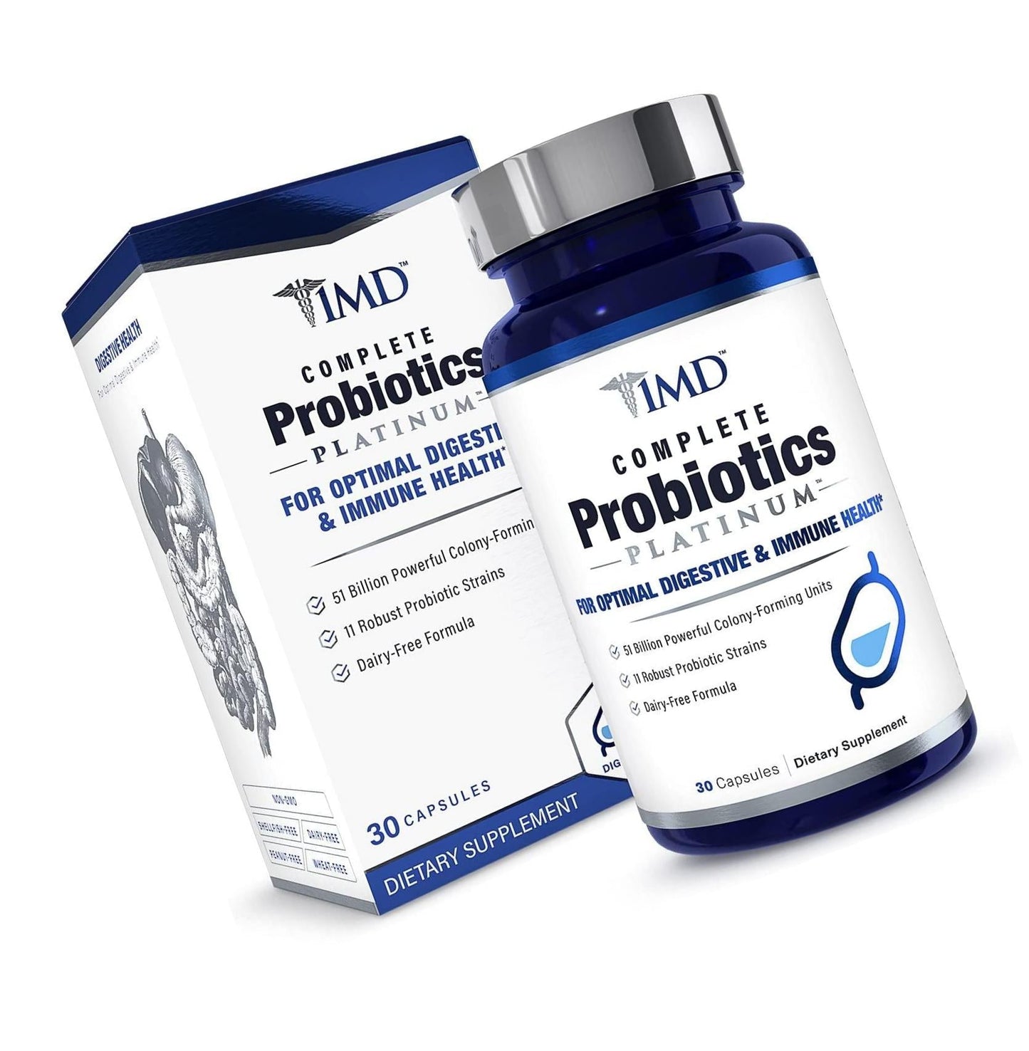 1MD Nutrition Complete Probiotics Platinum | Supports Digestive Health | with Nourishing Prebiotics, 51 Billion Live CFU, 11 Strains, Dairy-Free | 60 Vegetarian Capsules (2-Pack)