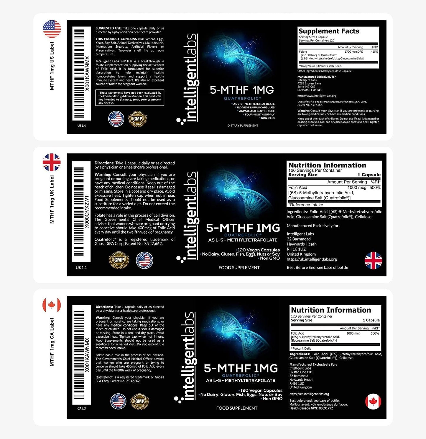 1MG 5-MTHF, MethylFolate by Intelligent Labs, 120 Capsules, 4 Months Supply, Best Value Folic Acid Supplement as Quatrefolic Acid, Acitvated Folate, 1MG = 1000mcg, 5 methyltetrahydrofolate