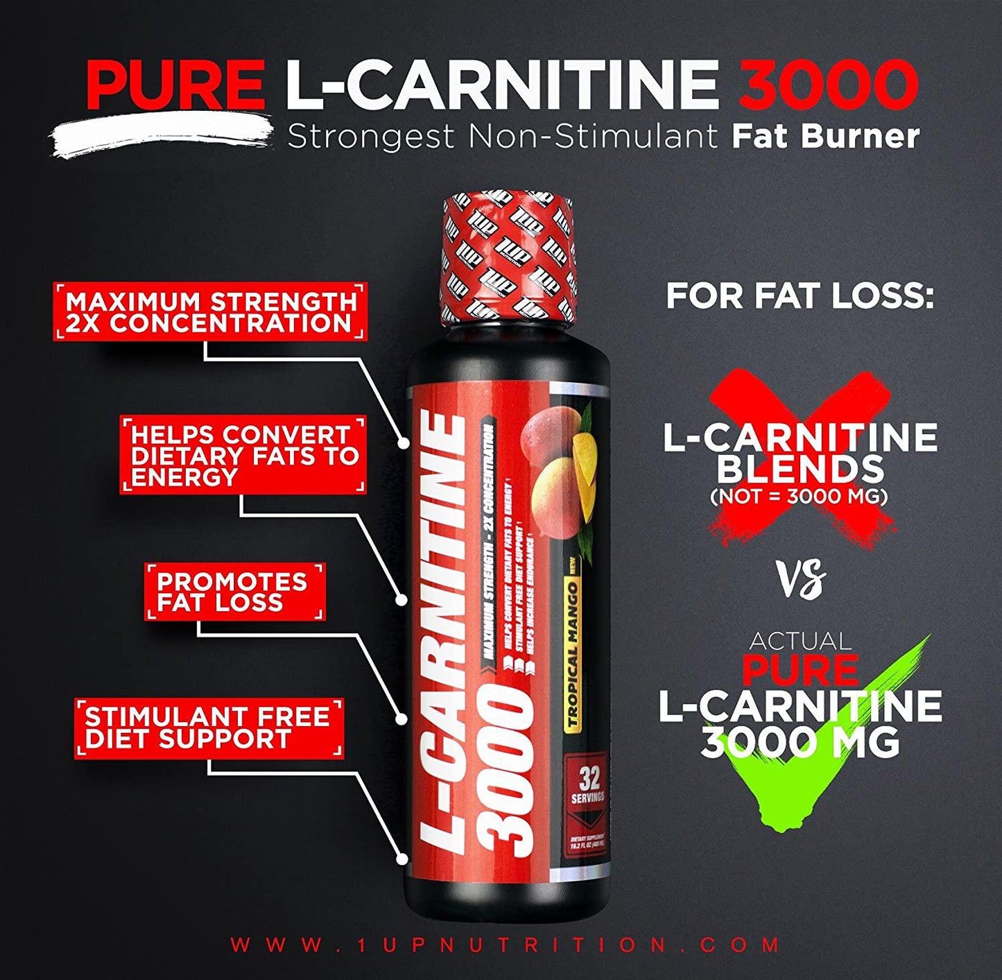 1UP Nutrition L-Carnitine 3000 Fat Burner Formula, Pineapple, 480 ml